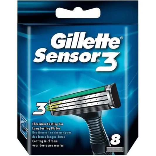 Gillette Sensor3 skuvekļu asmeņi ar uzlabotiem slīdēšanas slāņiem gludai un ērtai skūšanai, 8 rezerves asmeņi