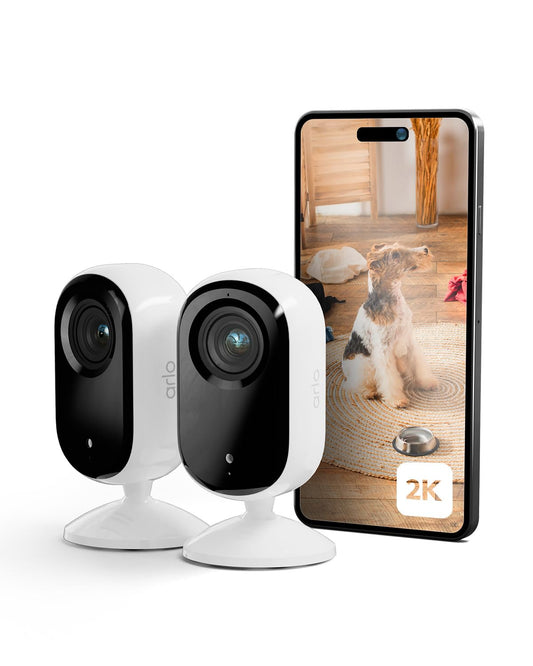 Arlo iekštelpu uzraudzības kamera, 2 gab., HD video, divvirzienu audio, kustību sensors, vadu savienojums, ideāli kā bērnu monitors, mājdzīvnieku kamera, mājas uzraudzība + Arlo Secure plāna izmēģinājuma periods, balta.