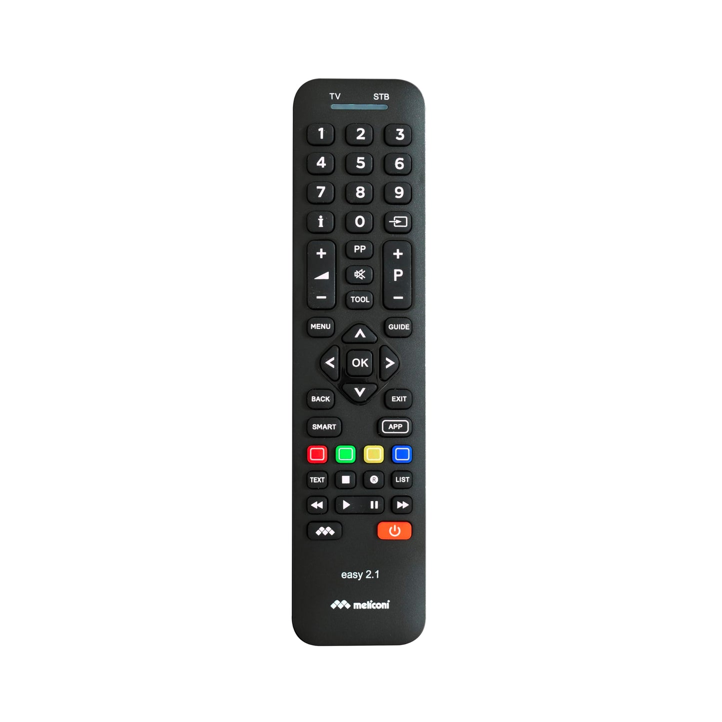 Meliconi Easy 2.1 Universālā 2-in-1 tālvadības pults, aizstāj un apvieno 1 TV un 1 dekodera tālvadības pultis, pilns taustiņu panelis, īpaši taustiņi Smart TV.