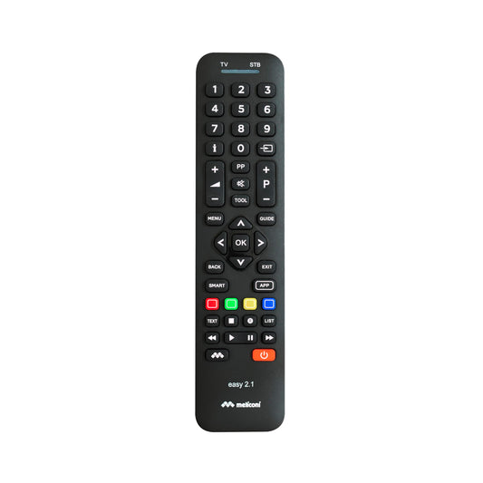 Meliconi Easy 2.1 Universālā 2-in-1 tālvadības pults, aizstāj un apvieno 1 TV un 1 dekodera tālvadības pultis, pilns taustiņu panelis, īpaši taustiņi Smart TV.