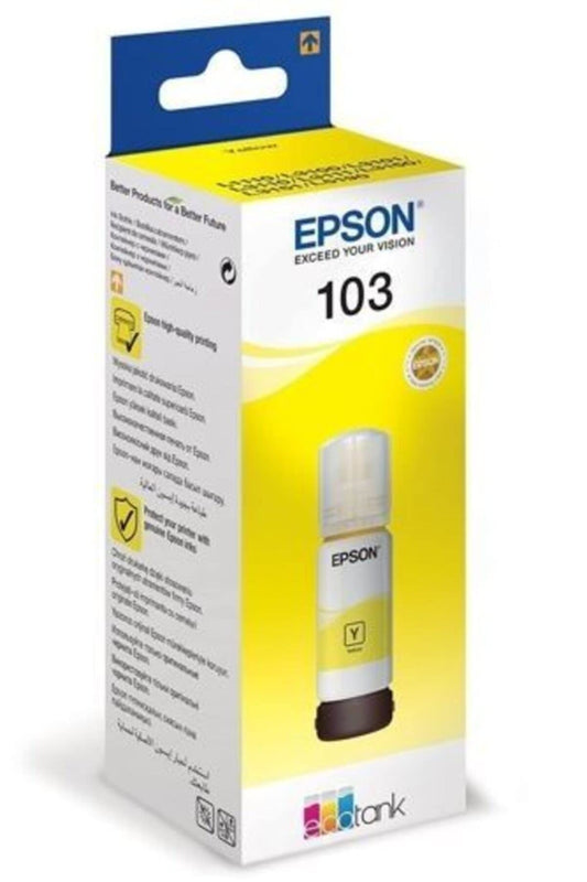 Epson EcoTank 103 - oriģinālā dzeltenā tintes pudele, ilgmūžīga un ekonomiska drukāšana.