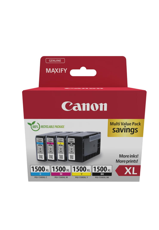 Canon PGI-1500 XL Ink Cartridge Set - High-capacity black, cyan, magenta, yellow, eco-friendly recyclable packaging 2024