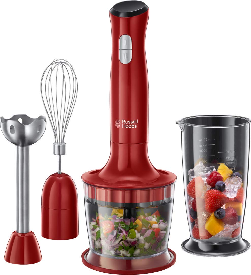 Russell Hobbs rokas mikseris [3-in-1: biezeņu stienis/šķēlējs, miksera un putotāja uzgalis] Desire sarkans (BPA brīvs un mazgājams trauku mazgājamajā mašīnā, smūtijiem, zupām, mērēm, jogurtam, bērnu pārtikai) 24700-56