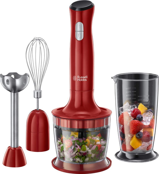 Russell Hobbs rokas mikseris [3-in-1: biezeņu stienis/šķēlējs, miksera un putotāja uzgalis] Desire sarkans (BPA brīvs un mazgājams trauku mazgājamajā mašīnā, smūtijiem, zupām, mērēm, jogurtam, bērnu pārtikai) 24700-56
