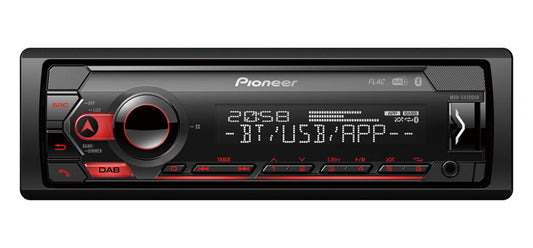 Pioneer MVH-S420DAB-AN, iekļauta DAB antena, 1-DIN auto radio ar DAB+, sarkans, vācu izvēlnes vadība, Bluetooth, USB, AUX ieeja, iPod/iPhone tiešā kontrole, hands-free, Smart Sync