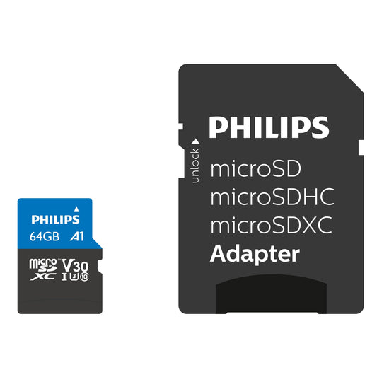 10. Philips Ultra Pro microSDXC karte 64 GB + SD adapteris UHS-I U3, lasīšanas ātrums līdz 100 MB/s, A1 ātra lietotņu veiktspēja, V30, atmiņas karte viedtālruņiem, planšetdatoriem, datoriem, kartes lasītājiem, 4K UHD video