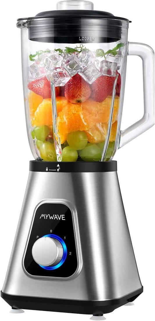 Mans Wave stacionārais mikseris - 1,300 W, 1.5 L, 2 ātrumi, nerūsējošā tērauda asmeņi, noņemams stikla krūze.