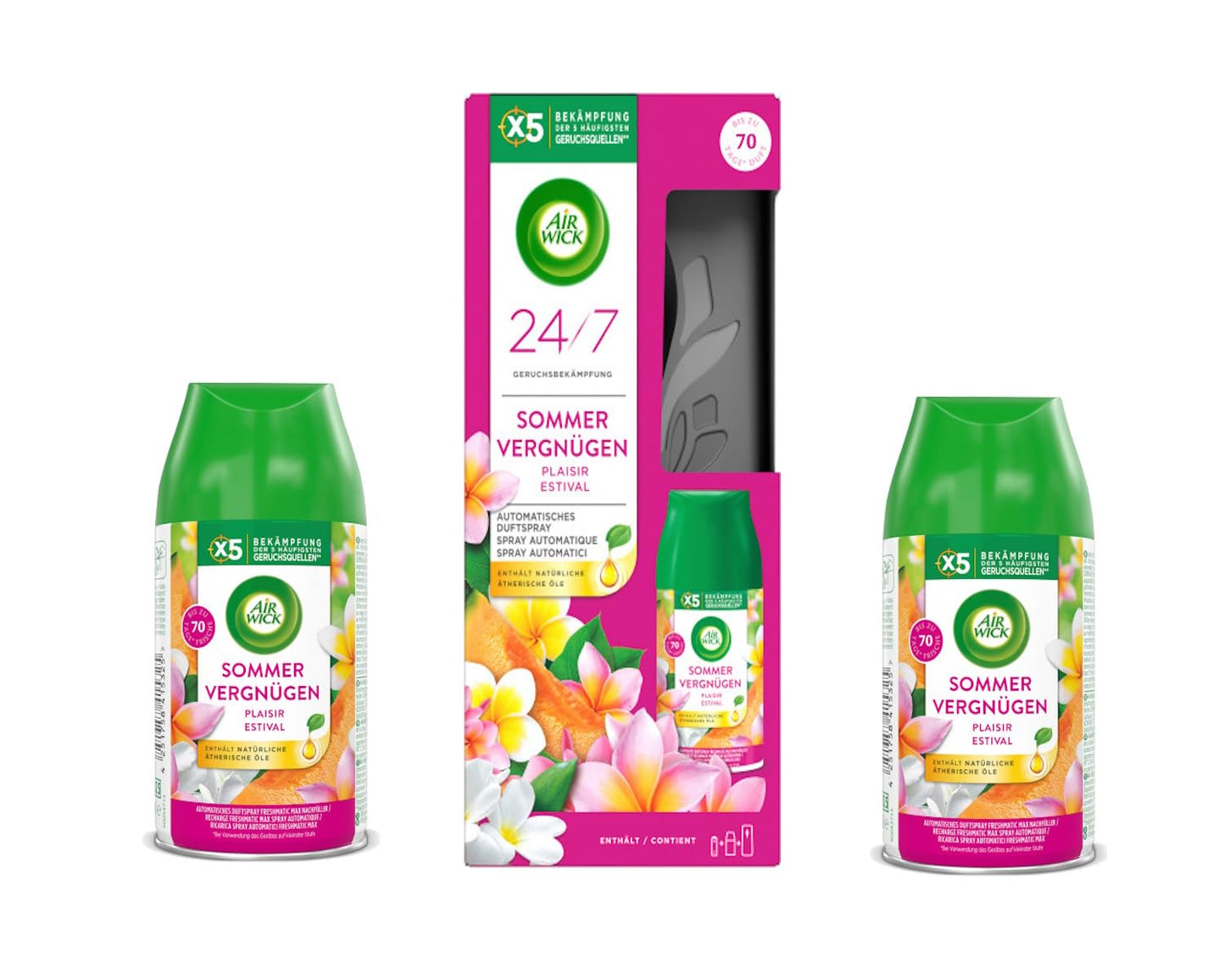 Automātiskais gaisa atsvaidzinātājs Air Wick Freshmatic Max sākuma komplekts Sommervergnügen 250ml ar 2x uzpildēm Sommervergnügen 250ml