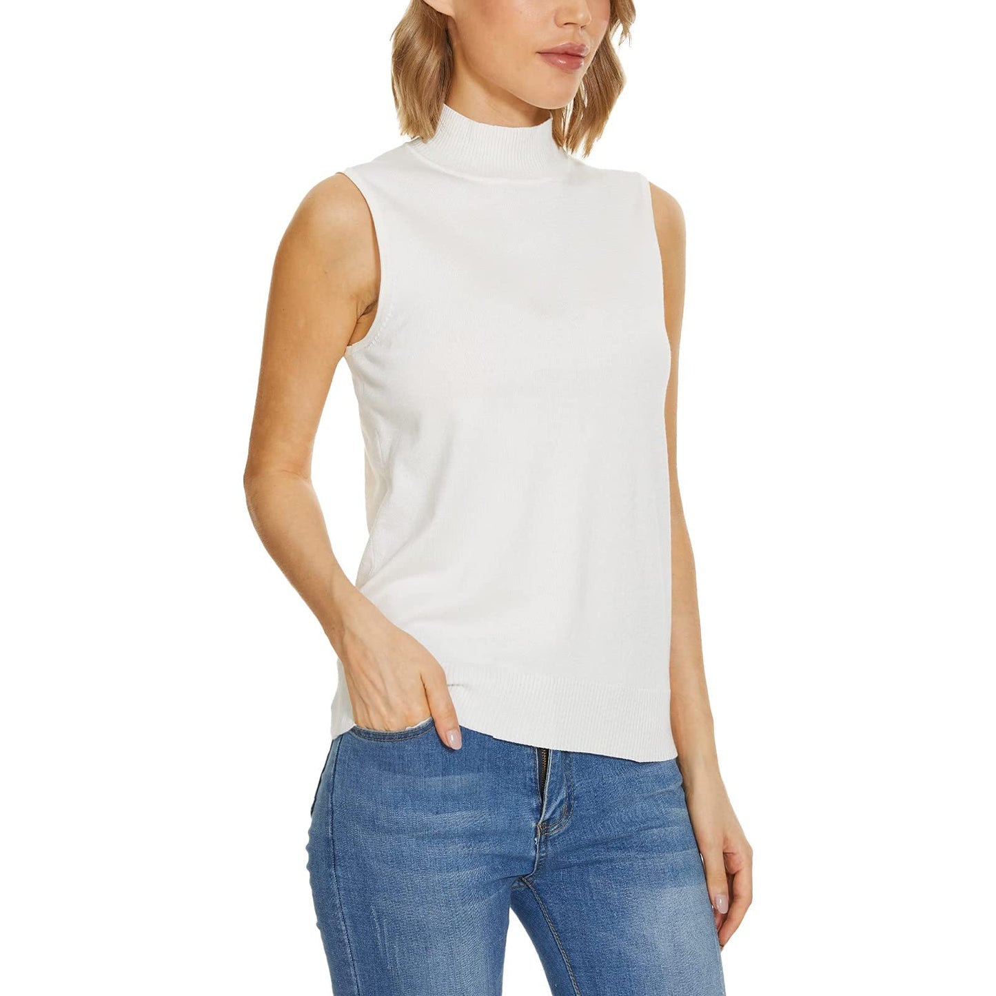Generisks sieviešu bezroku tops ar stāvu apkakli, adīts pulovers, golfa apkakle, mīksts, bāzes modelis, veste, tanks, viegls, White, M