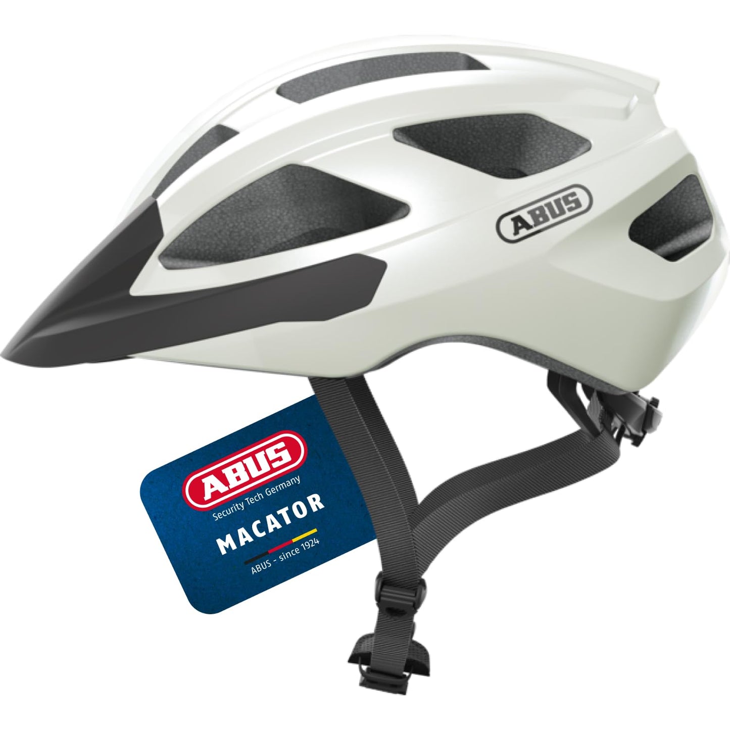 Velosipēda ķivere ABUS Macator, sportiska šosejas velosipēda ķivere iesācējiem, piemērota arī bizīšu nēsātājām un nēsātājiem, sievietēm un vīriešiem, balta spīdīga, izmērs M
