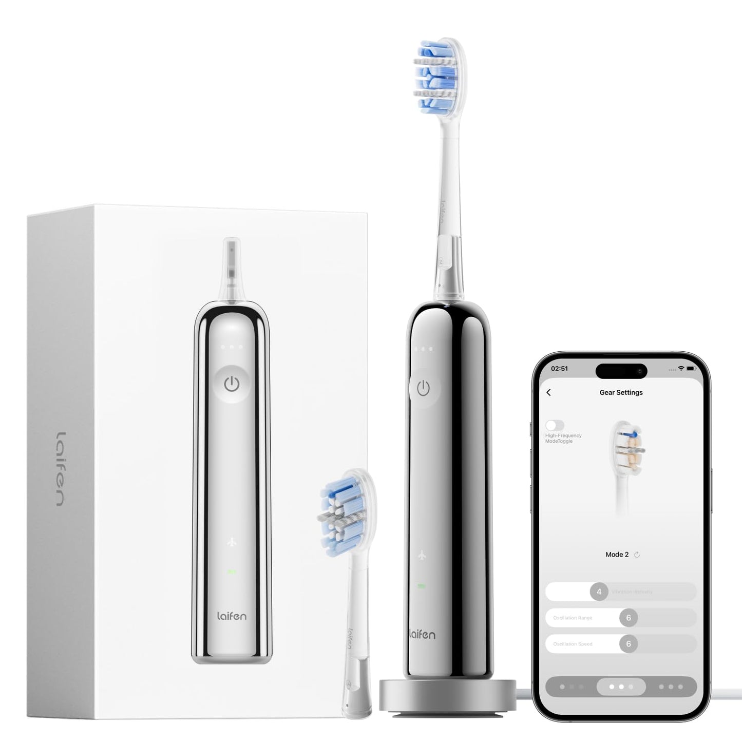 Elektriskā zobu birste Laifen Wave Pro, 60° WaveMotion, nerūsējošais tērauds