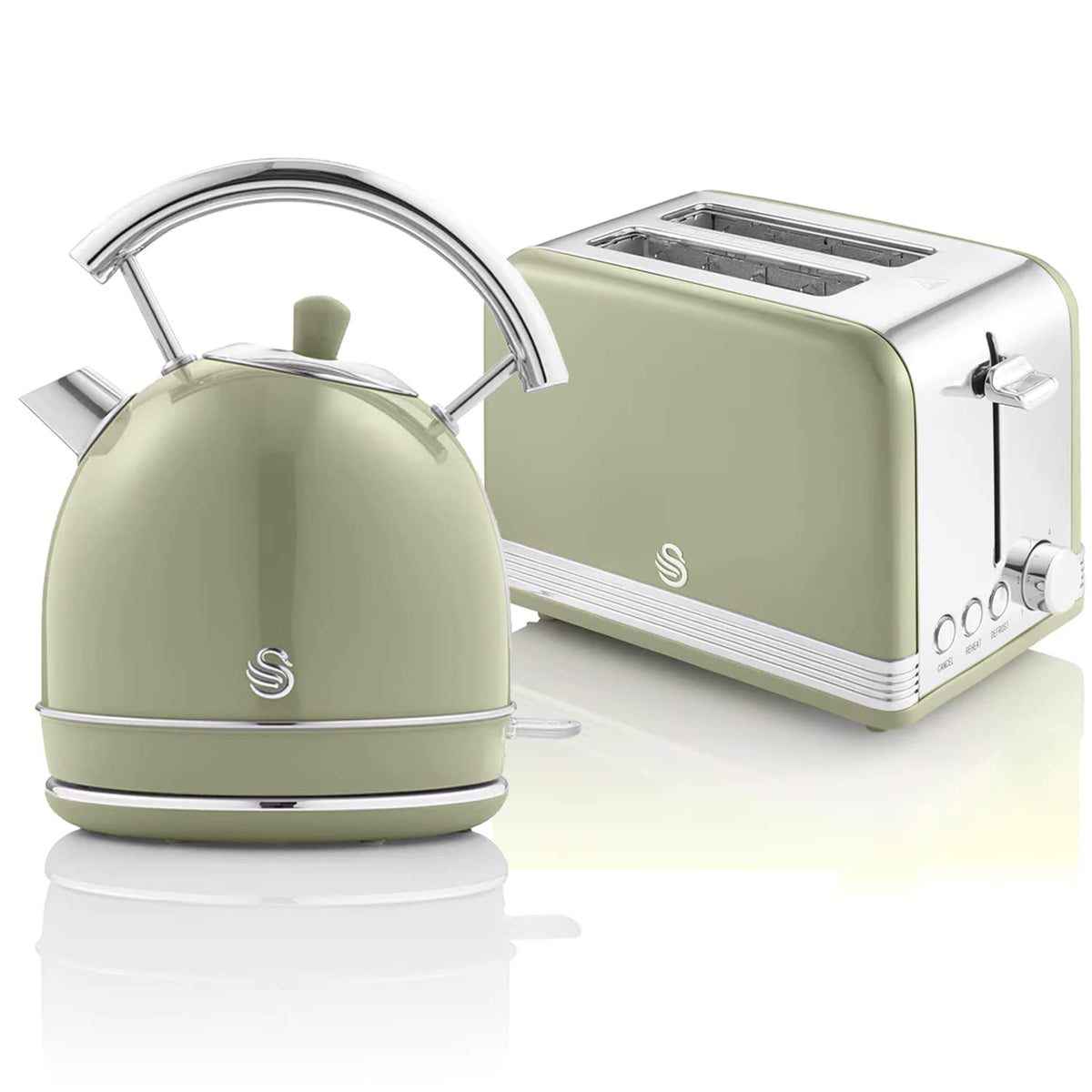 Retro brokastu komplekts Swan Retro Set, tējkanna 1,8L, bezvadu elektriskā tējkanna ar nerūsējošā tērauda sildelementu, 2 šķēļu platleņķa tosteris, 6 pakāpju grauzdēšanas regulators, vintage dizains, zaļš, vienas izmēra