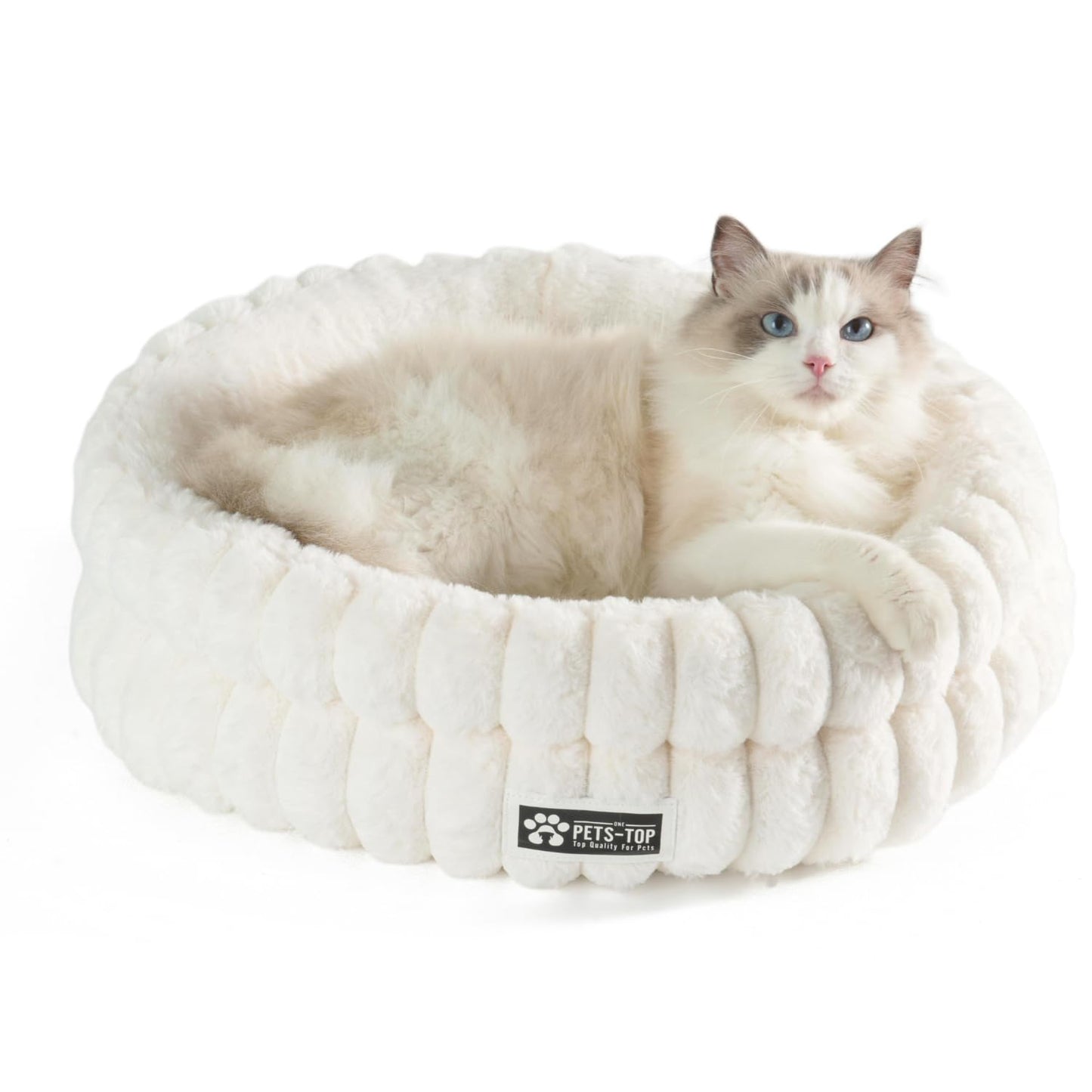 Kaķu gulta One PETS-TOP, pūkaina un apaļa, mīksts mazgājams kaķu spilvens, guļvieta kaķiem un maziem suņiem, neslīdoša, balta, 50cm