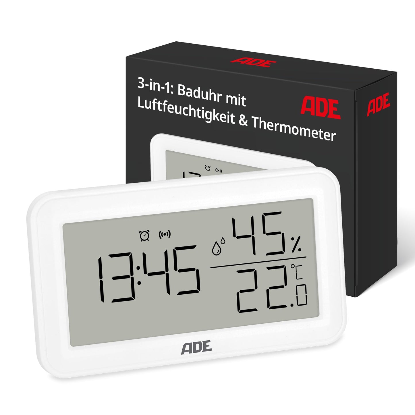 ADE digitālais vannasistabas pulkstenis ar temperatūru un mitruma mērītāju, iekštelpu higrometrs, balts