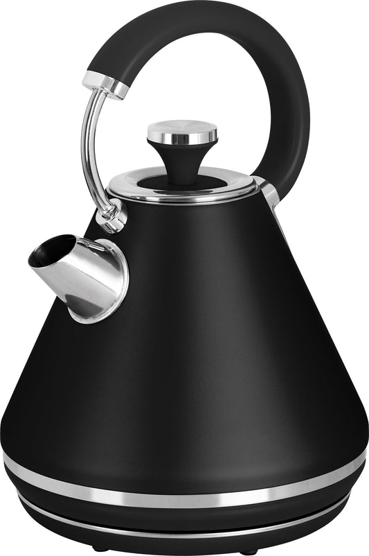 ECG RK 1708 Tradizione Melns - Black electric kettle with 1.7L capacity, stainless steel body, and automatic shut-off feature.