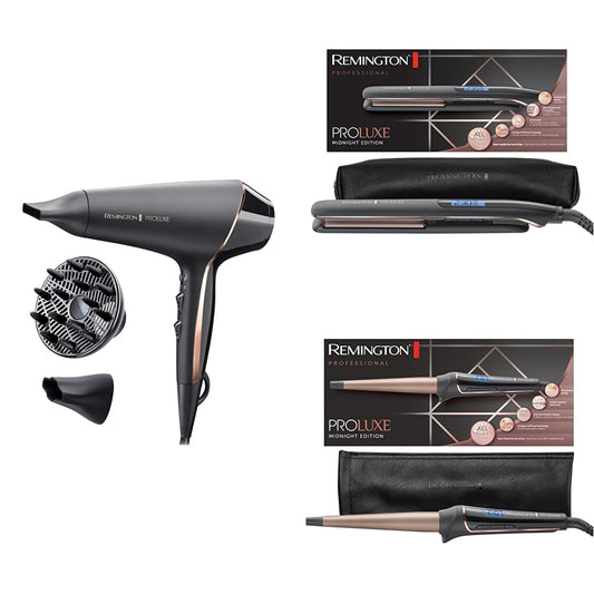 Remington matu stila komplekts ProLuxe Midnight Black (OPTIheat tehnoloģija saudzīgai stilizēšanai): profesionālais matu žāvētājs Ioni AC9140B + taisnotājs 9100B + lokšķēres CI91W1B