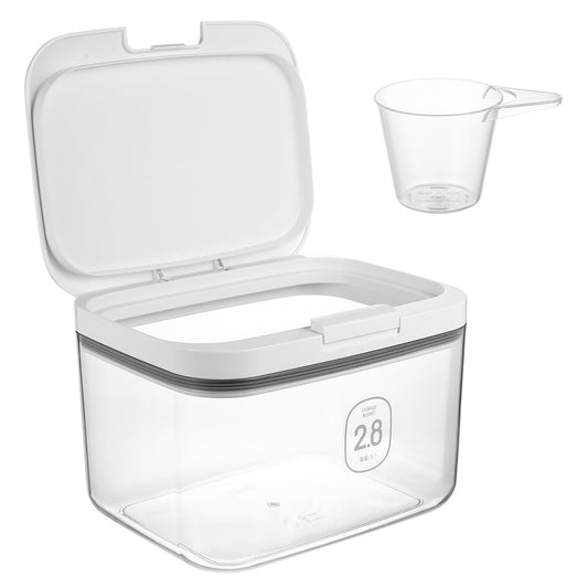 Veļas līdzekļa uzglabāšanas kaste, 2.8L pulvera dozators, mazgāšanas līdzekļa trauks pulverim, ar vienas pogas vāku, trauks veļas pulverim, tīrīšanas granulām, kaķu un suņu barībai