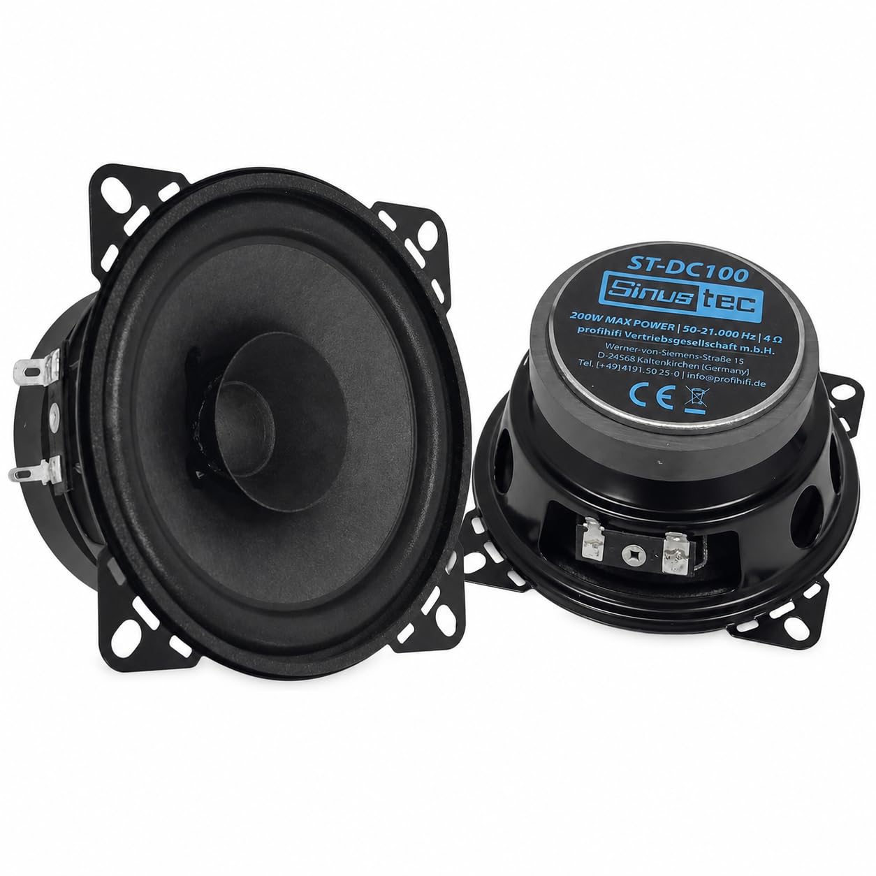 Sinustec ST-DC100 10cm Dual Cone skaļruņi pārim auto Car-HiFi, 200 W mūzikas jauda, 100 W RMS, 4 Ohm, 86 dB, 50–21000 Hz, kompakta auto skaņa