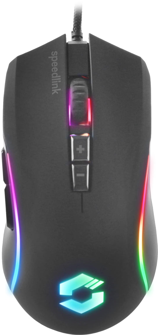 SPEEDLINK ZAVOS spēļu pele – vadu pele ar daudzkrāsainu LED, 5 pogas, DPI līdz 6400, gumijota virsma, melna.