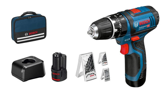 Bosch Professional 12V akumulatora triecienurbjmašīna GSB 12V-15 - 2x 2.0Ah akumulators, lādētājs, urbju un uzgaļu komplekts, soma