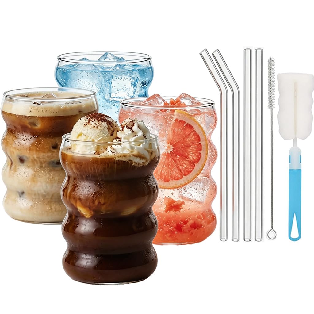 Burbulainu glāžu komplekts unbholkk, 4 gab., 350 ML, rievotas dzeramās glāzes ar stikla salmiņiem, viļņotas ūdens glāzes, matcha glāzes, ūdenim, sulai un alum (Paket1)