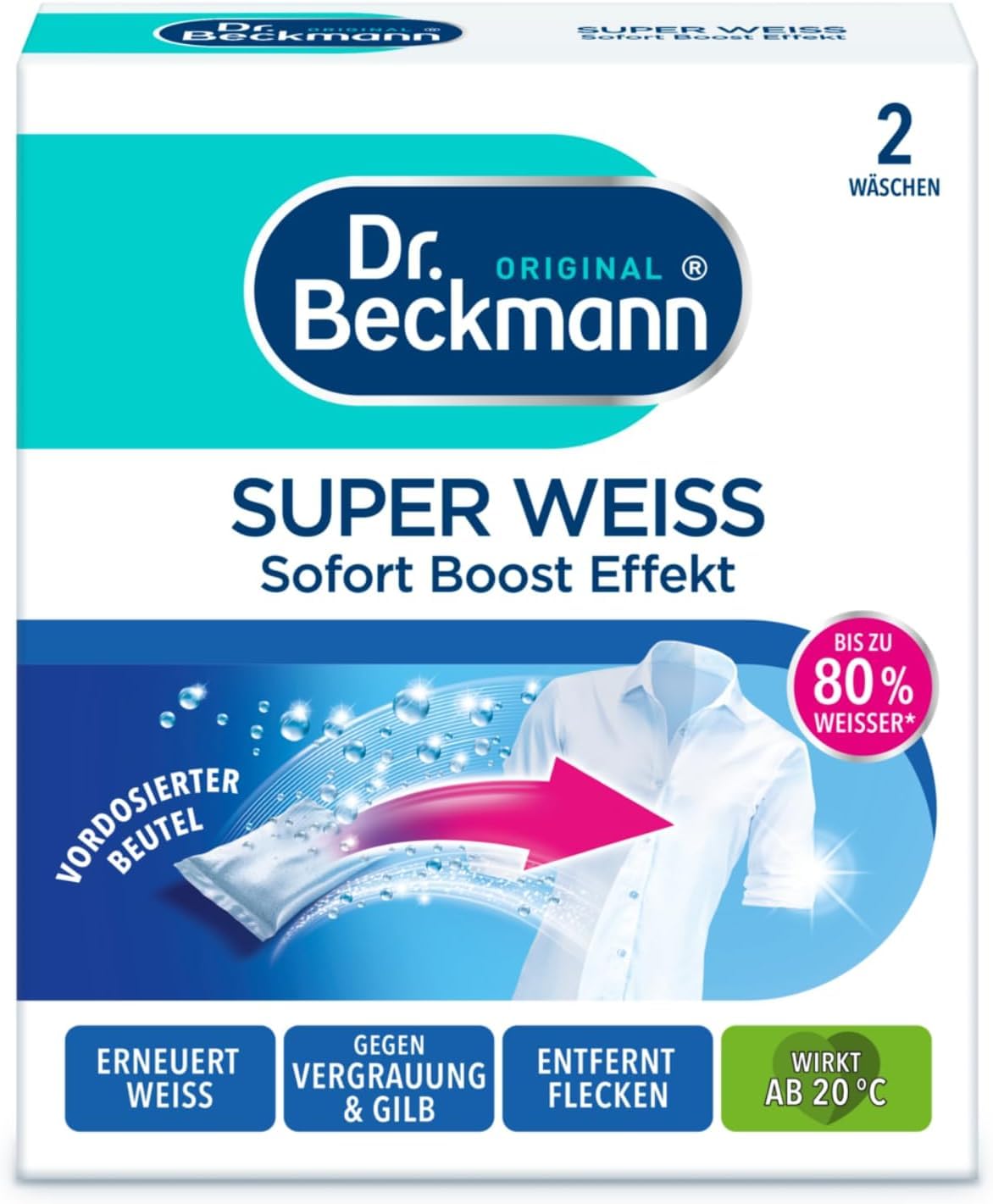 Dr. Beckmann Super Weiß pretigrauduļa un dzeltējuma likvidēšanai, 2 x 40 g