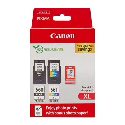 Canon tinte un papīrs multipaka - PG-560XL/CL-561XL oriģinālās tintes kasetnes un 4x6 fotopapīrs, saderīgs ar PIXMA printeriem
