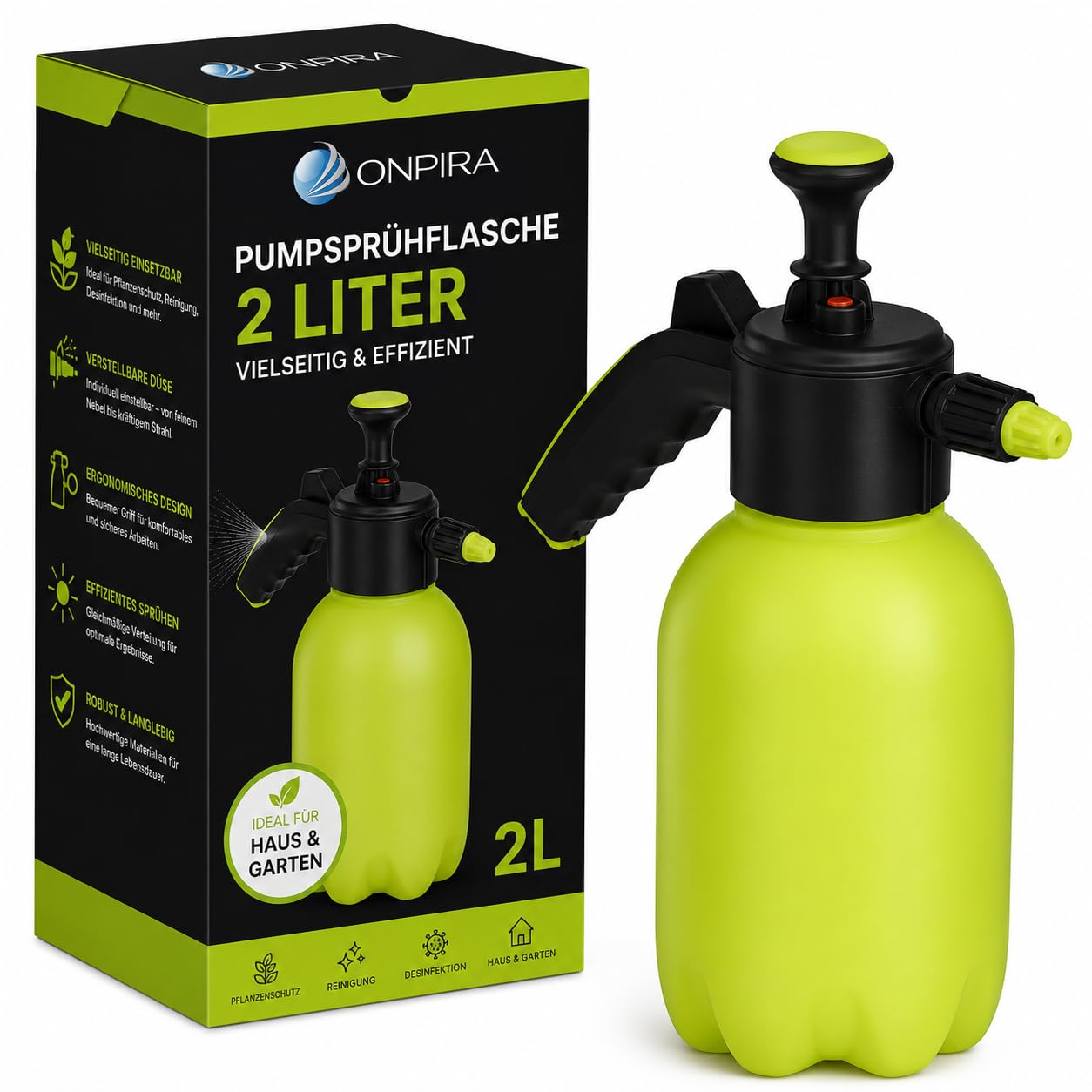 Pūšamā smidzināšanas pudele Onpira® 2L, zaļa – spiediena smidzinātājs dārzam, augiem un tīrīšanai, smidzināšanas pudele ar regulējamu sprauslu, ergonomisku rokturi un efektīvu sūknēšanas sistēmu