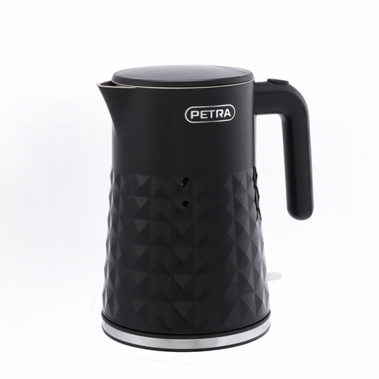 Petra PT6103BLKVDE 1.5L ūdens vārītājs – ātrā vārīšana, dubultsienu izolācija, 360° pamatne, 2200W, auksta pieskāriena korpuss.