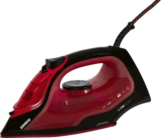 Clatronic DB 3752 steam iron - 3 steam levels, 7 functions, transparent water tank, red, 250 ml capacity.