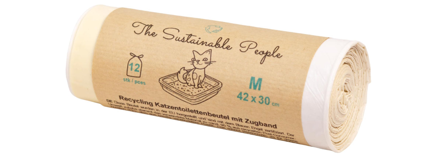 The Sustainable People kaķu tualetes maisiņi pārstrādes materiāla, ar savelkamu auklu, M 42 x 30 cm, no vismaz 80% pēcpatēriņa atkritumiem (PE), Blauer Engel, 12 gab. rullis, 33 μm