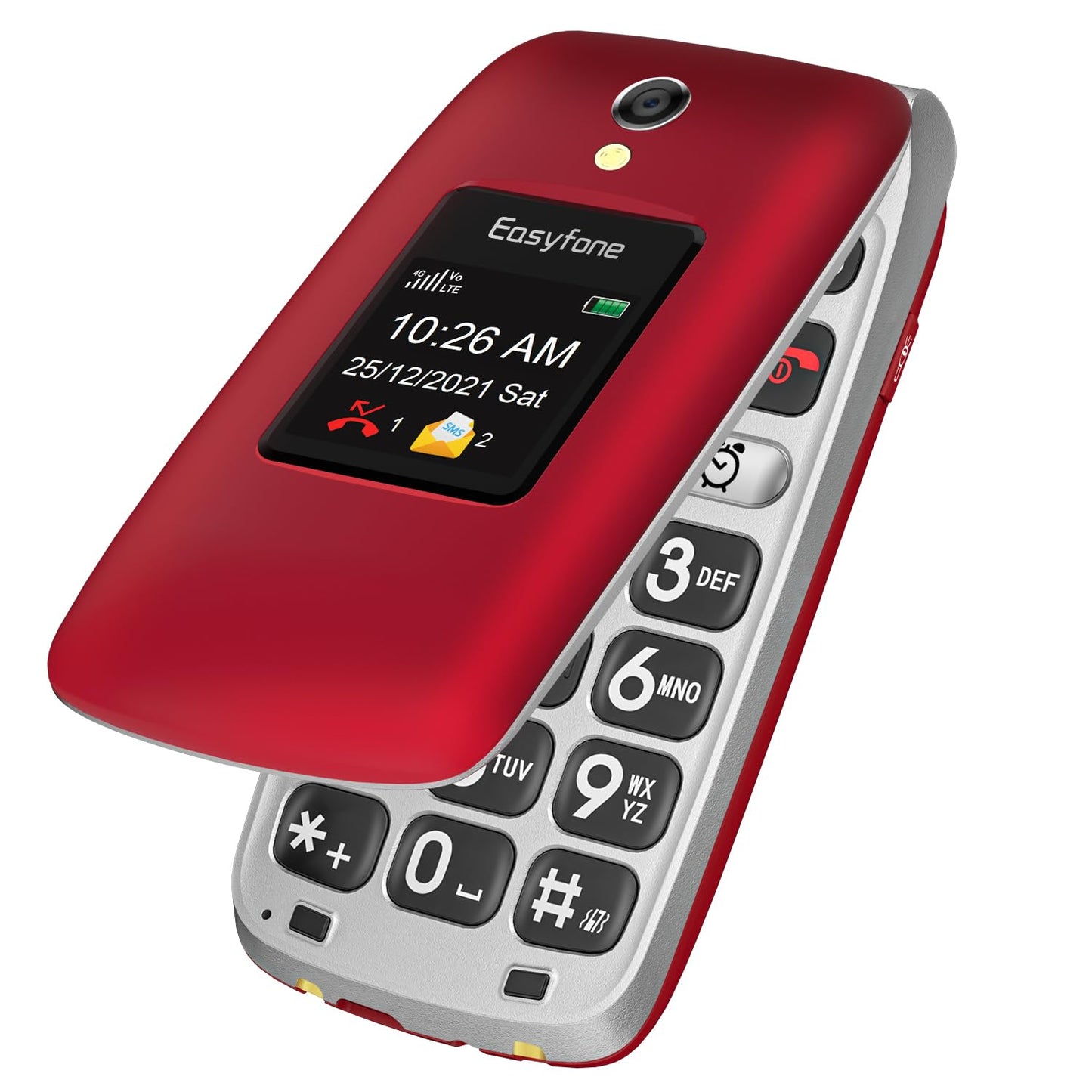 Veco cilvēku mobilais telefons Easyfone, atlokāms telefons bez līguma, lielas pogas, SOS ārkārtas zvana funkcija, FM radio, 2.4 Zoll HD dubultais displejs, 1500mAh akumulators un uzlādes stacija (sarkans)