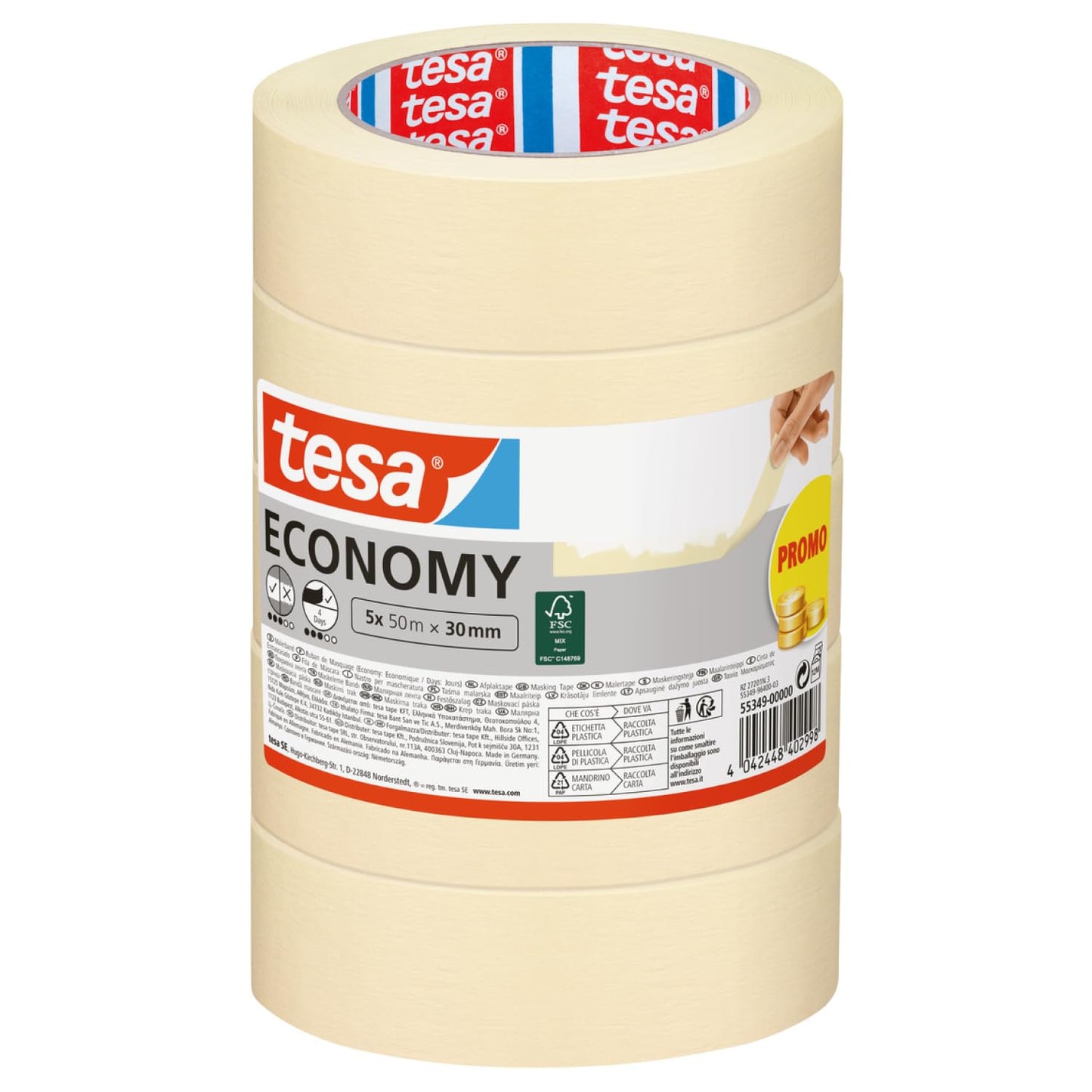 tesa Malerband ECONOMY maskēšanas lente, 5 gab. komplekts, 50 m x 30 mm