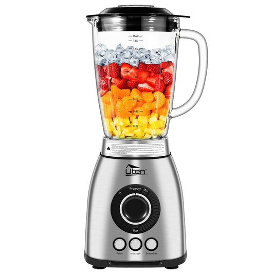 Uten Standmixer 2L - 1800W, 3 programmas, 18 ātrumi, nerūsējošā tērauda, 6 asmeņi, ledus un smūtiju sasmalcināšanai.
