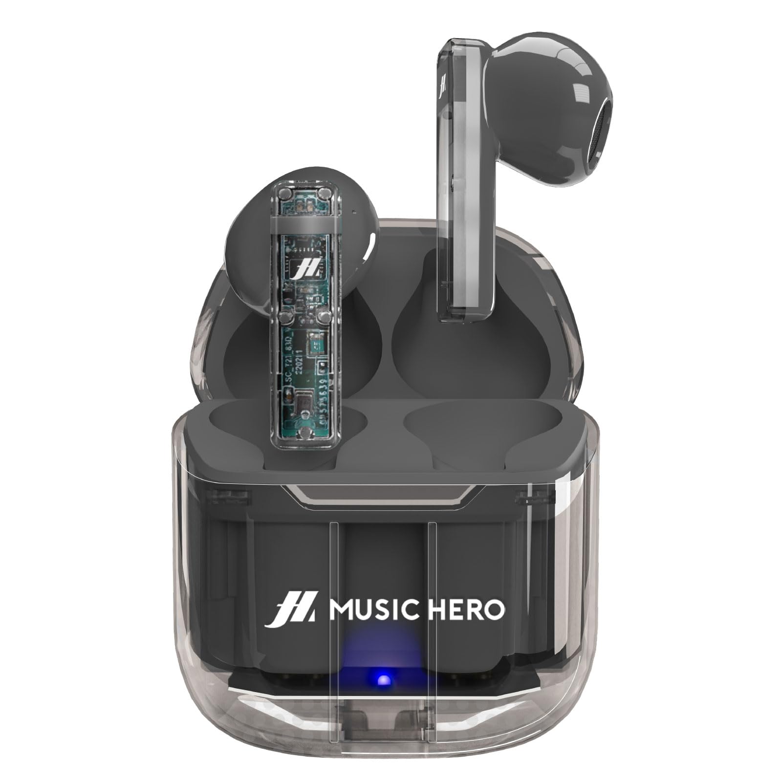 MUSIC HERO SBS TWS ICY - caurspīdīgas bezvadu austiņas ar 3 stundu mūzikas laiku, uzlādes futrāli un USB-C kabeli