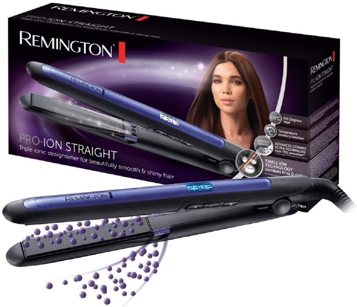 Remington Gludeklis [trīskārša jonu tehnoloģija: mazāk frizzy un statiskā uzlāde] Pro-Ion (Ultra-turmalīna keramikas pārklājums, LCD displejs, 150-230°C, temperatūras palielināšanas funkcija) matu gludeklis S7710