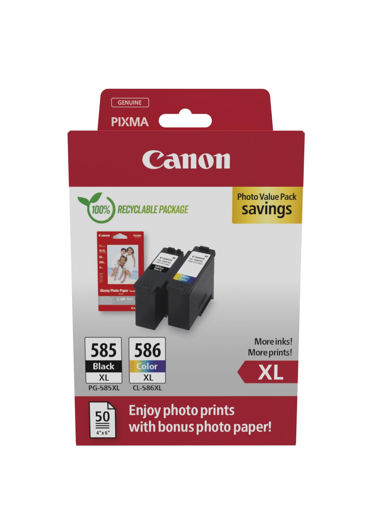 Canon PG-585XL / CL-586XL - Original ink cartridges (1 black, 1 color) with 50 sheets of 4x6 photo paper, compatible with PIXMA TS7650i/TS7750i.