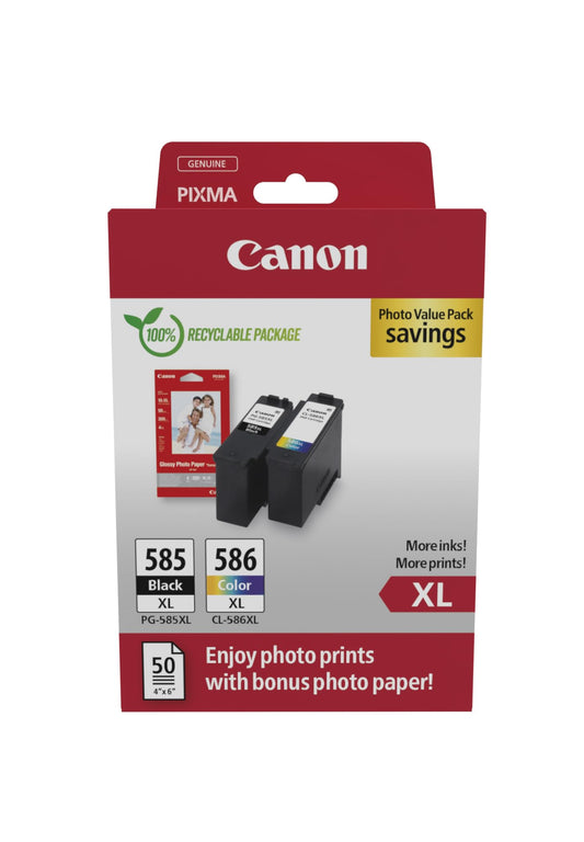 Canon PG-585XL / CL-586XL - Original ink cartridges (1 black, 1 color) with 50 sheets of 4x6 photo paper, compatible with PIXMA TS7650i/TS7750i.