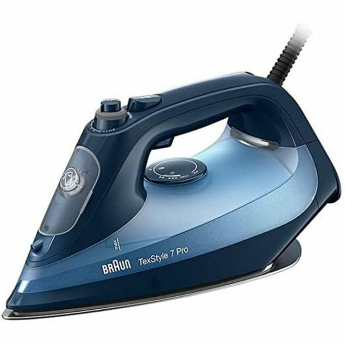 Braun SI 7160 BL Steam Iron - 3000W power, blue design, precision tip, anti-drip system, and easy-glide soleplate.