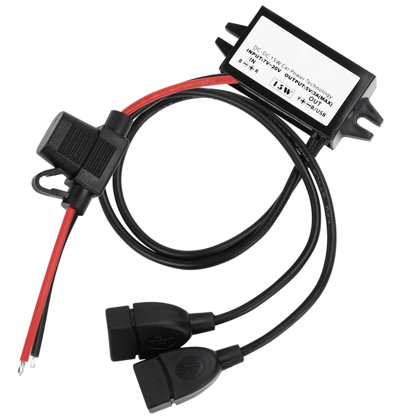 12V uz USB, 12V uz 5V USB adapteris, DC Buck pārveidotāja modulis 3A 15W DC uz DC auto strāvas pārveidotāja adapteris ar drošinātāju (DualUSB)