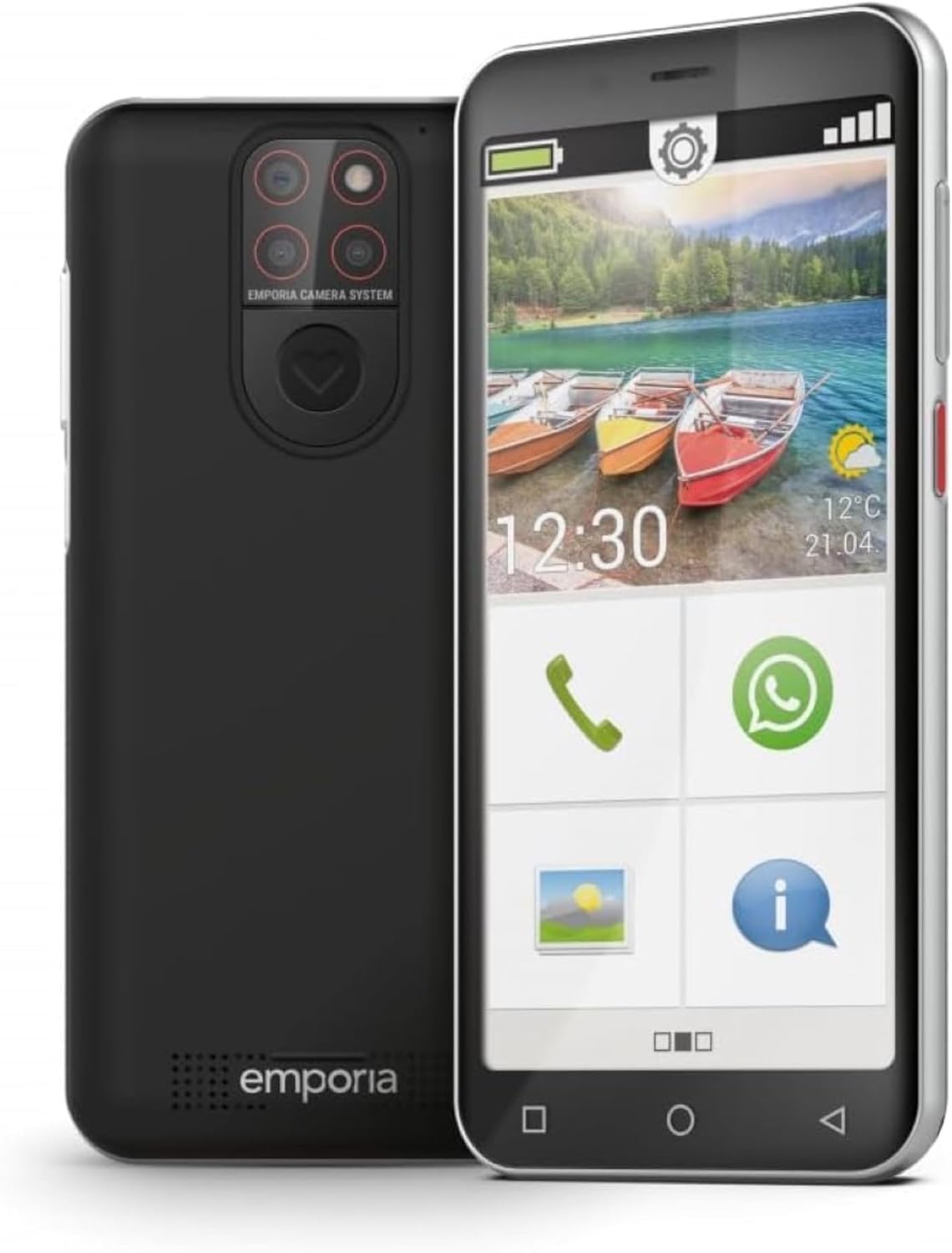 Veco ļaužu mobilais tālrunis emporiaSMART.5 Mini, 4G VoLTE, viedtālrunis bez līguma, ar avārijas pogu, 4,95 collu displejs, Android 13, 13 MP kamera, melns, E5mini/E5m 001