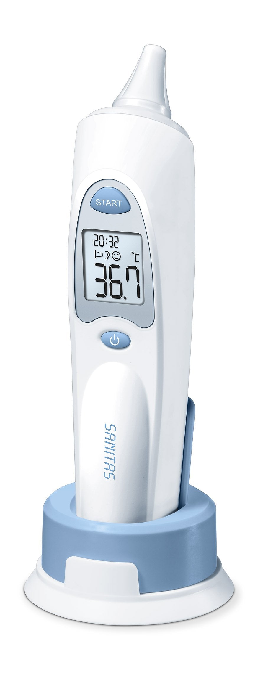Sanitas SFT 53 ausu termometrs - precīzs, ātrs mērījums, nomaināms aizsargvāciņš, ergonomisks dizains.
