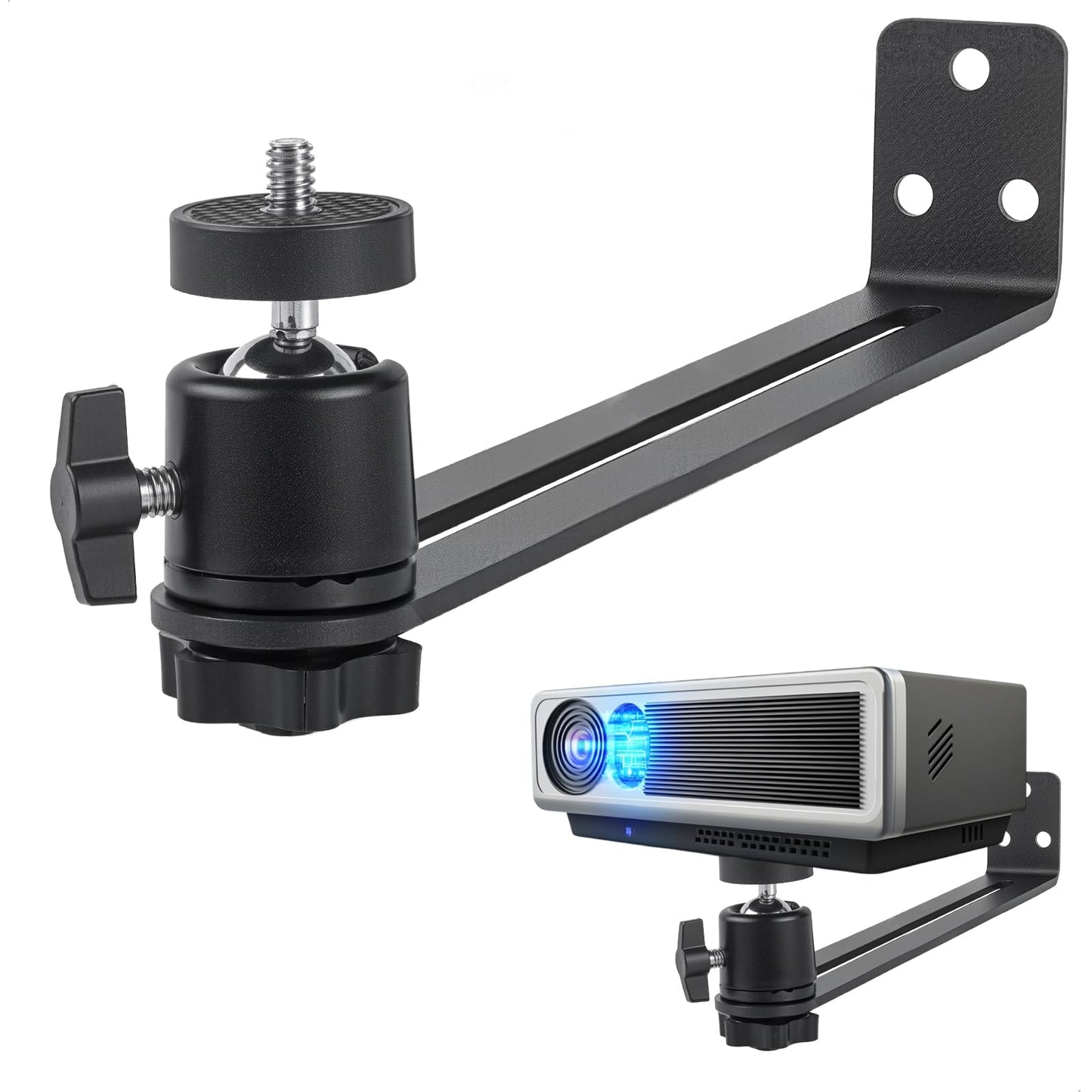 Projektora sienas stiprinājums xiruiubao, 360° grozāms metāla projector stand, 1/4 collas skrūves izmērs, melns