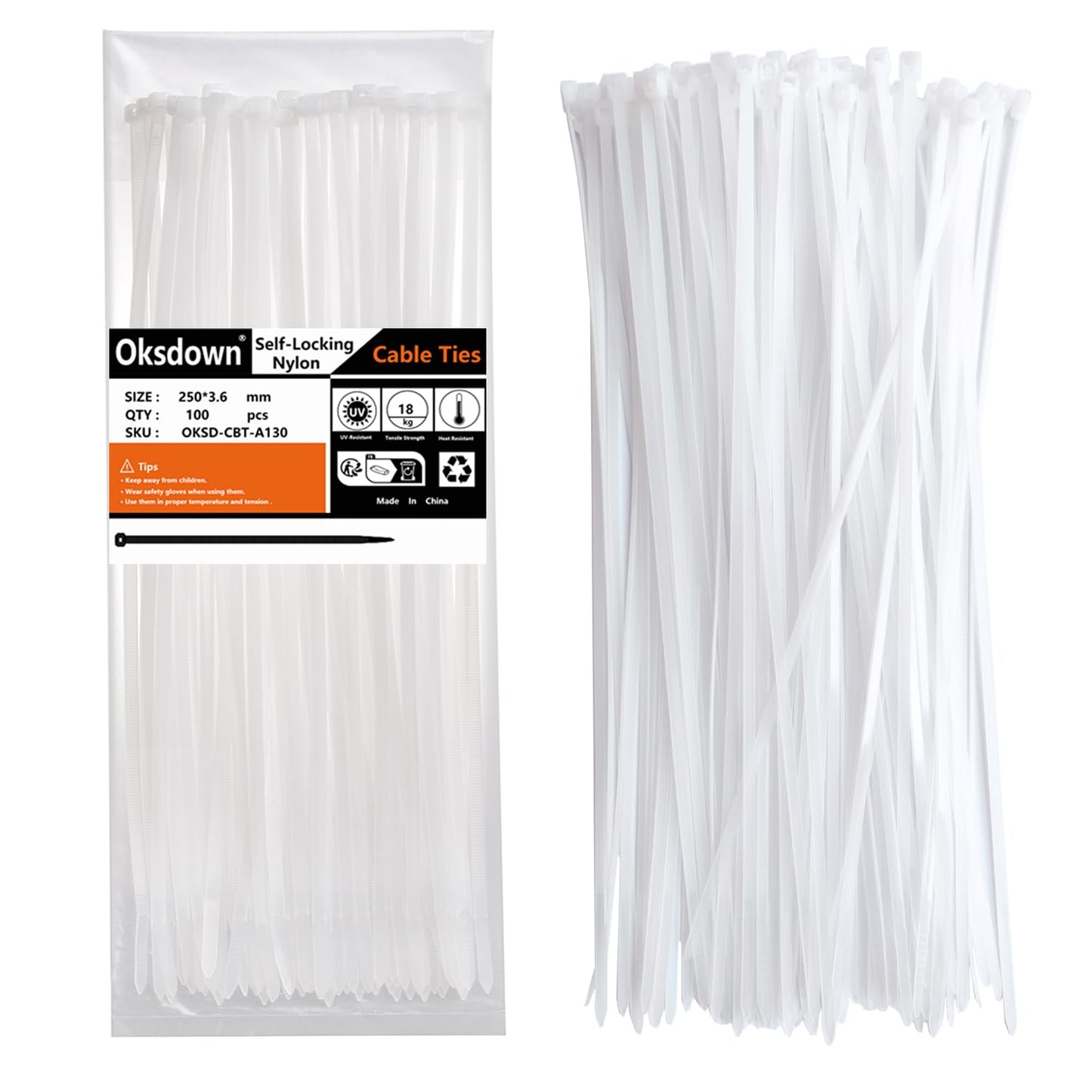 Kabeļu saites Oksdown 100 gab. 250mm × 3,6mm baltas, 18 kg stiepes izturība, UV izturīgas, neilona plastmasas pašfiksējošas daudzfunkcionālas