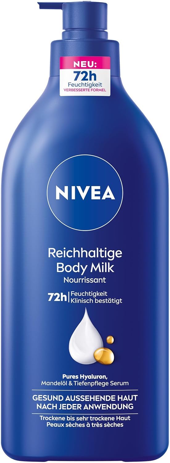 Ķermeņa losjons NIVEA Reichhaltige Body Milk, intensīvi kopjošs ķermeņa krēms ar tīru hialuronu, mandeļu eļļu un Tiefenpflege serumu, sausai ādai (625 ml)