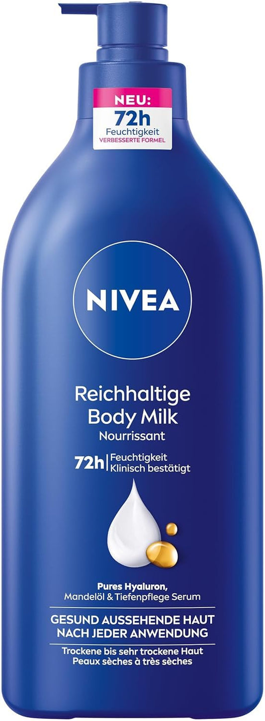 Ķermeņa losjons NIVEA Reichhaltige Body Milk, intensīvi kopjošs ķermeņa krēms ar tīru hialuronu, mandeļu eļļu un Tiefenpflege serumu, sausai ādai (625 ml)