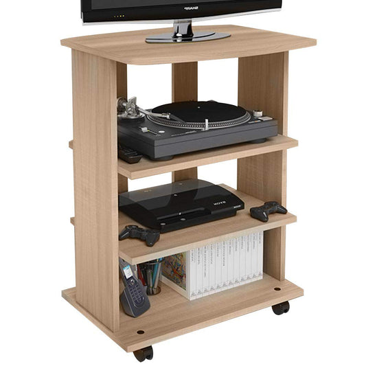 BAKAJI TV skapītis no MDF koka ar 3 plauktiem konsolēm, DVD videospēlēm un 4 riteņiem, ratiņi televizoram, mūsdienīgs dizains, izmērs 60 x 45 x 80,5 cm (ozols)