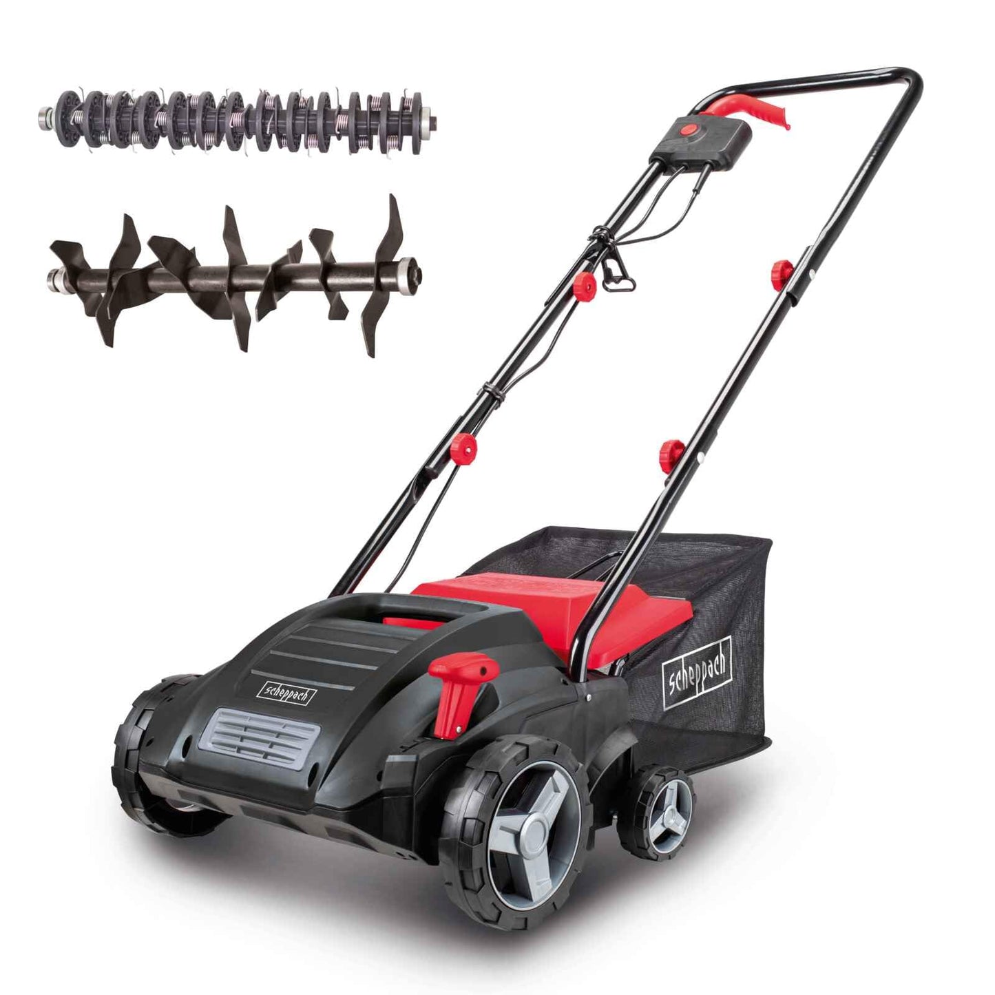 Elektriskais vertikulators Scheppach SC32 | 1500W jauda | 32cm darba platums | 30 L savākšanas grozs | 4 pakāpju augstuma regulēšana/līdz 4mm | Vertikulatora veltnis (16 asmeņi) un aeratora veltnis (36 nagi)