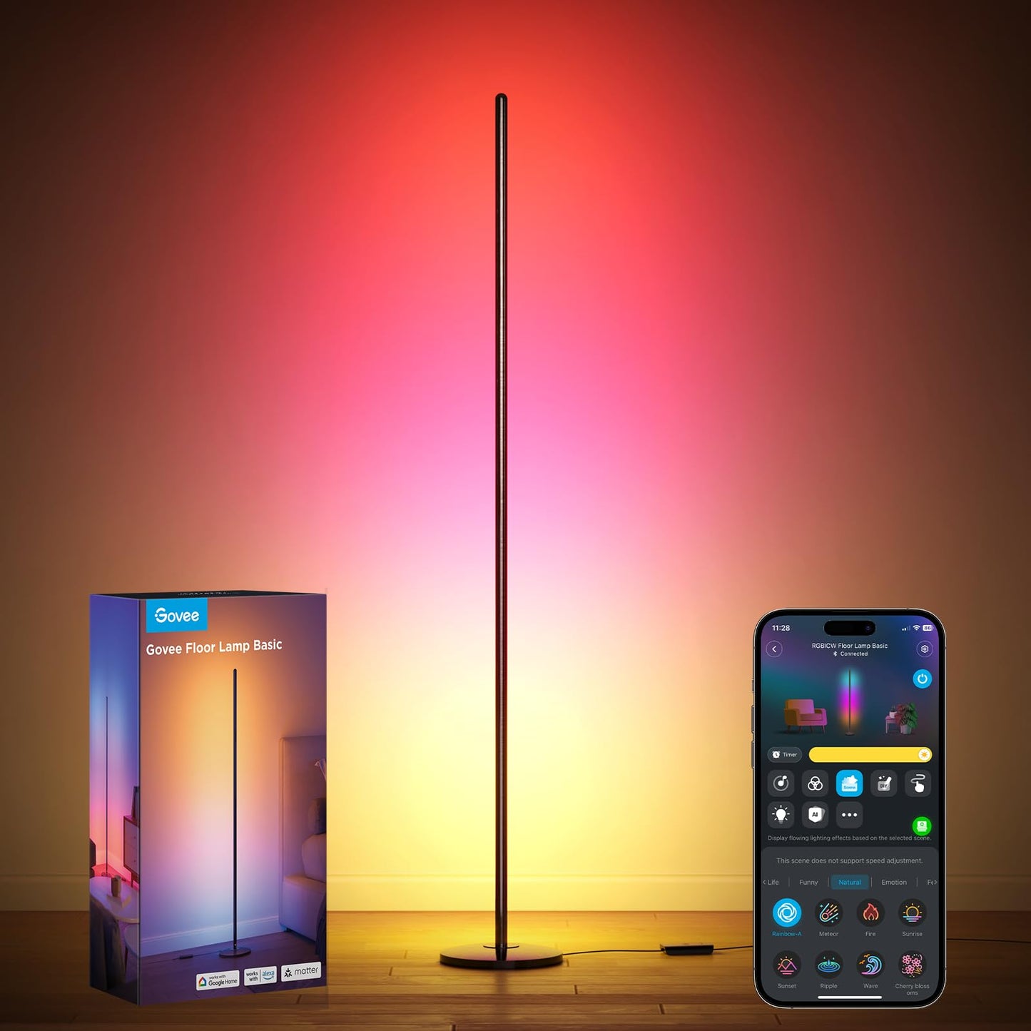RGBIC LED stāvlampa viesistabai Govee, WiFi stāvlampa 1000lm, dimmējama, melna