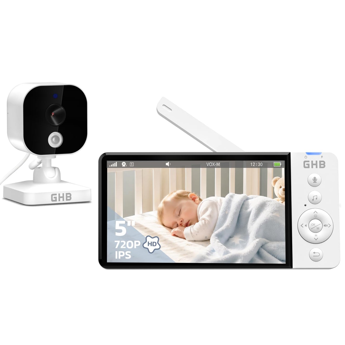 Baby monitors ar kameru GHB, 5 collu IPS displejs, 720P, manuāli grozāma